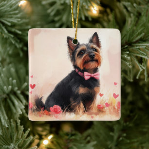 Australische Terrier mit Rose - Valentinstag Keramikornament