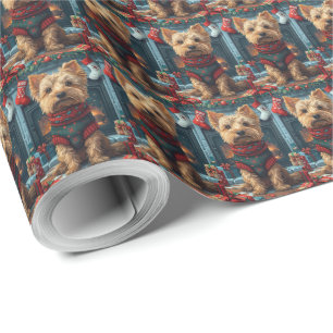 Australische Terrier mit Weihnachtsgeschenken Feue Geschenkpapier