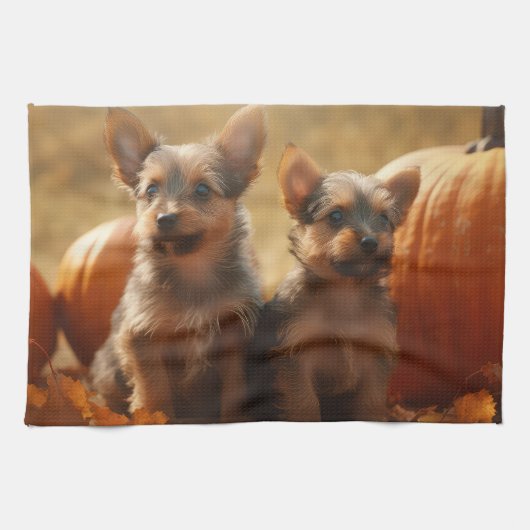 Australische Terrier Welpe Autumn Delight Pumpkin Geschirrtuch (Horizontal)