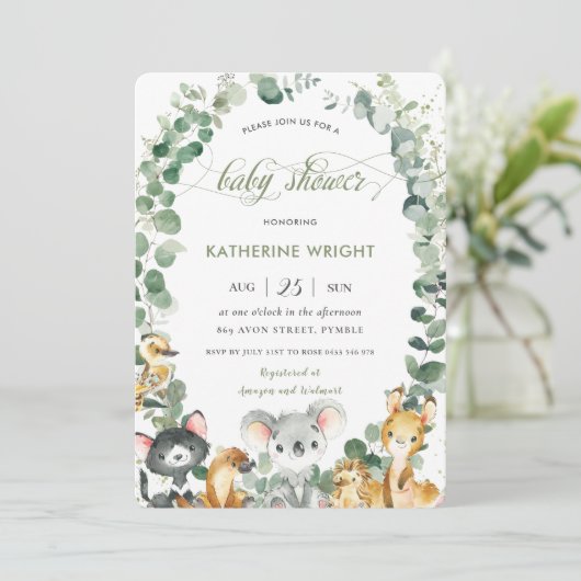 Australische Tiere Eucalyptus Greenery Baby Shower Einladung (Stehend Vorderseite)
