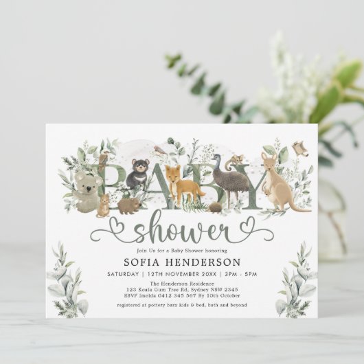 Australische Tiere Eucalyptus Greenery Baby Shower Einladung (Stehend Vorderseite)