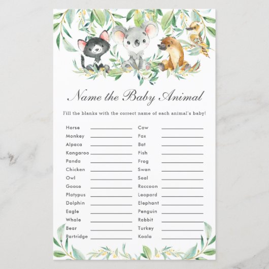 Australische Tiere Name Baby Animal Fun Game (Vorderseite)