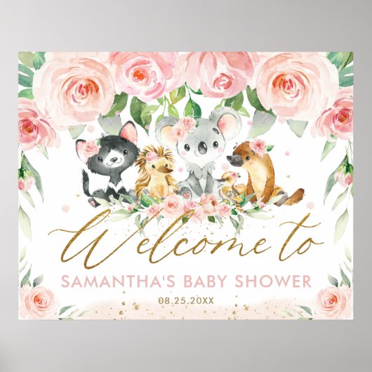 Australische Tiere Pink Floral Baby Dusche Willkom Poster (Vorne)