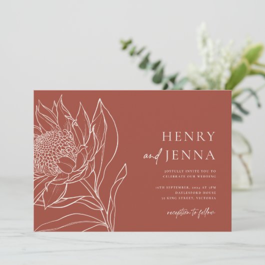 Australische Ureinwohner Botanicals Waratah Protea Einladung (Stehend Vorderseite)