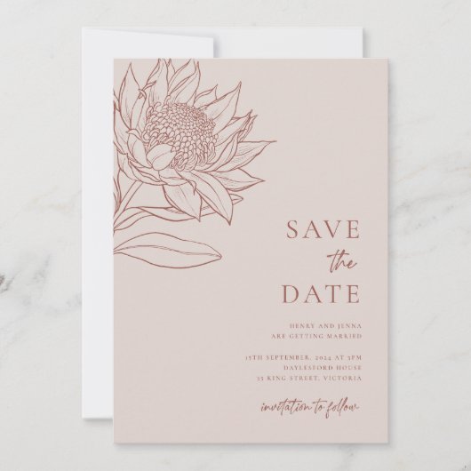 Australische Ureinwohner Botanicals Waratah Protea Save The Date (Vorderseite)