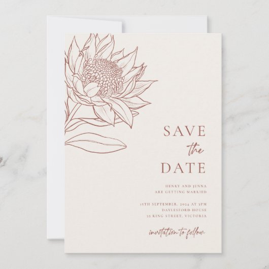 Australische Ureinwohner Botanicals Waratah Protea Save The Date (Vorderseite)