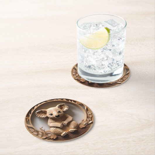 Australischer Baumhugger: Koala Bärenholz Print Runder Pappuntersetzer (Vor Ort)