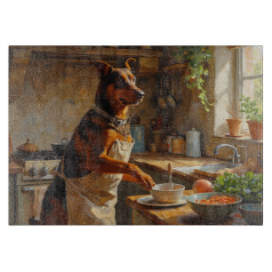 Australischer Kelpie beim Kochen in der Küche Schneidebrett