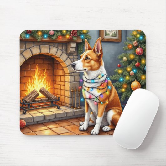 Australischer Kelpie Kamin mit Weihnachtslichtern Mousepad (Mit Mouse)