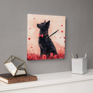 Australischer Kelpie mit Rosen - Valentinstag Quadratische Wanduhr
