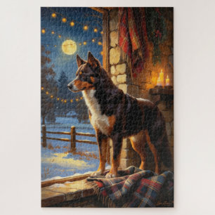 Australischer Kelpie mit Weihnachtslichtern Feiert Puzzle