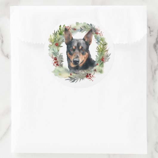 Australischer Kelpie Weihnachtswreath Runder Aufkleber (Tasche)