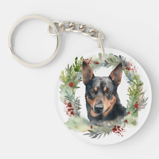 Australischer Kelpie Weihnachtswreath Schlüsselanhänger (Vorderseite)