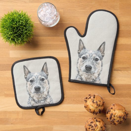 Australischer Rinderhund Blue Heeler Original Hund Ofenhandschuh & Topflappen-Set (Oben Unten)
