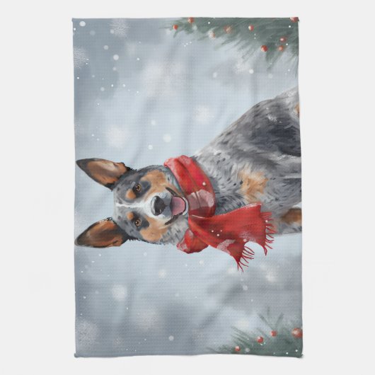 Australischer Rinderhund im Schnee Weihnachten Geschirrtuch (Vertikal)
