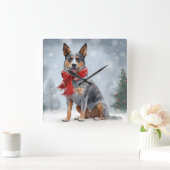 Australischer Rinderhund im Schnee Weihnachten Quadratische Wanduhr (Zuhause)