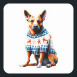 Australischer Rinderhund in Weihnachten Sweater St Quadratischer Aufkleber<br><div class="desc">Dieser Red Australian Cattle Dog (auch bekannt als Red Heeler oder Queensland Heeler) trägt vielleicht einen festlichen Rentierpullover - aber lass dir nicht den saisonalen Narr. Das ist das Gesicht eines Hirten, der Ihren Urlaubsunsinn kaum toleriert. Ideal für Laptops, Umschläge, Geschenketiketten oder überall, wo Sie gewollt haben, um ein wenig...</div>