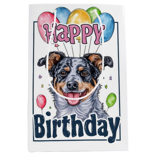 Australischer Rinderhund mit Balloons zum Geburtst Mittlere Geschenktüte (Vorderseite)