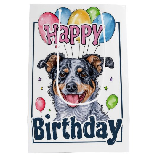 Australischer Rinderhund mit Balloons zum Geburtst Mittlere Geschenktüte (Rückseite)