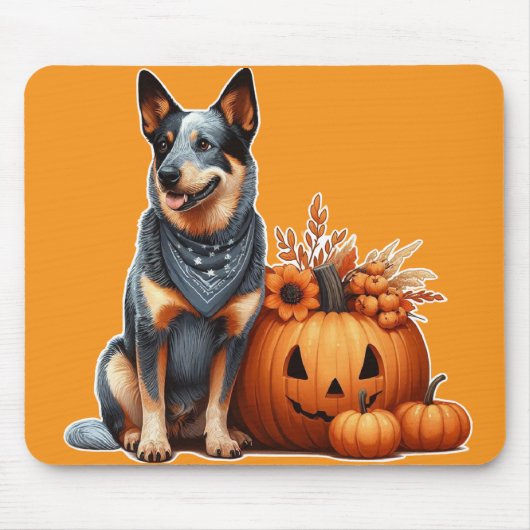 Australischer Rinderhund neben einem Jack-O-Lanter Mousepad (Vorne)