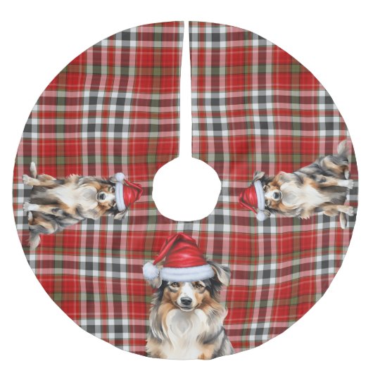 Australischer Schäferhund auf Kariertem Holiday Polyester Weihnachtsbaumdecke (Vorderseite)