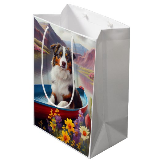 Australischer Schäferhund auf Paddle: Ein Landscha Mittlere Geschenktüte (Rückseite Schrägansicht)