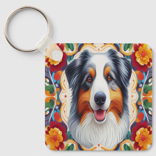 Australischer Schäferhund Dog Floral farbenfrohe G Schlüsselanhänger (Vorderseite)