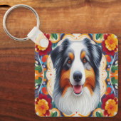Australischer Schäferhund Dog Floral farbenfrohe G Schlüsselanhänger (Vorderseite)