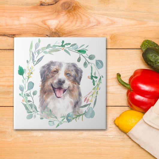 Australischer Schäferhund Dog Watercolor Wreath Fliese