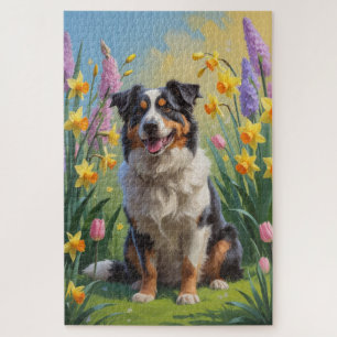 Australischer Schäferhund Frühjahrsblumen Malerei Puzzle