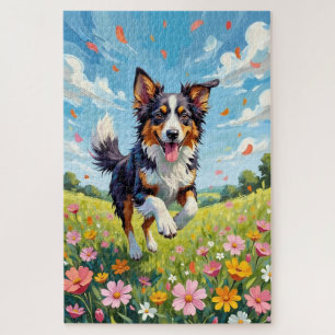 Australischer Schäferhund Frühling Wildblumen Hund Puzzle
