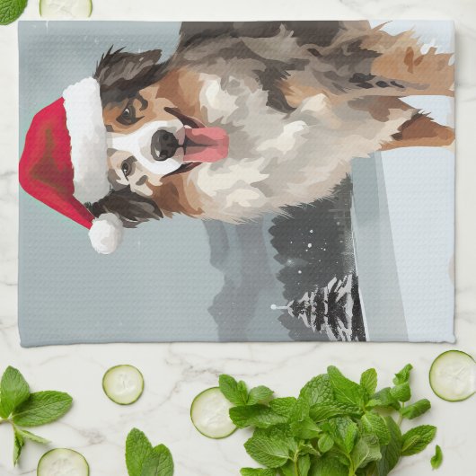 Australischer Schäferhund Hund im Schnee Weihnacht Geschirrtuch (Gefaltet)