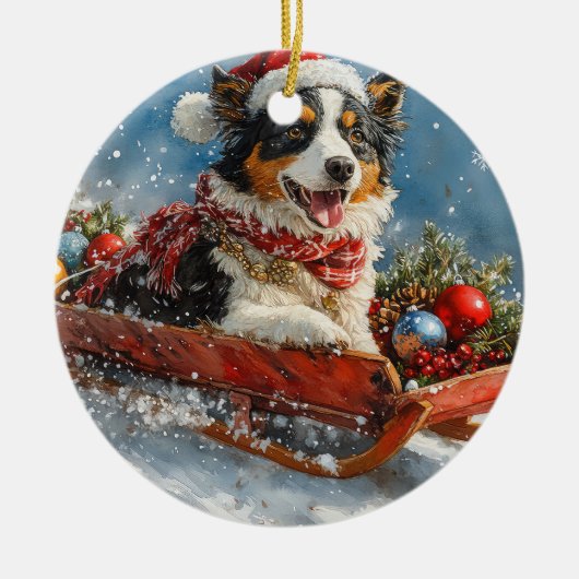 Australischer Schäferhund Hund in Sledge Chriistma Keramik Ornament (Vorne)