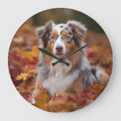 Australischer Schäferhund im Herbstfall Inspiriert Große Wanduhr (Vorderseite)
