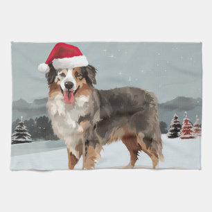 Australischer Schäferhund im Schnee Weihnachten Geschirrtuch