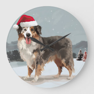 Australischer Schäferhund im Schnee Weihnachten  Große Wanduhr
