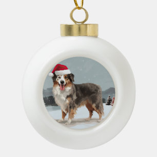 Australischer Schäferhund im Schnee Weihnachten Keramik Kugel-Ornament
