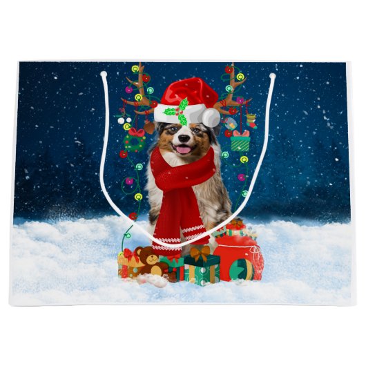 Australischer Schäferhund im Schnee Weihnachtsgesc Große Geschenktüte (Vorderseite)