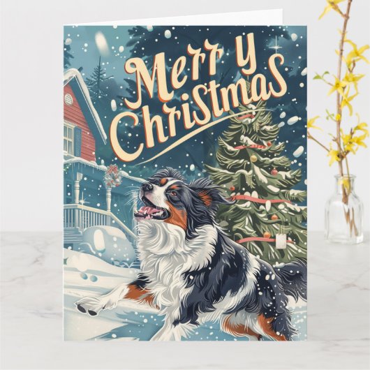 Australischer Schäferhund in Schneeweihnachtszeit Karte (Gelbe Blume)