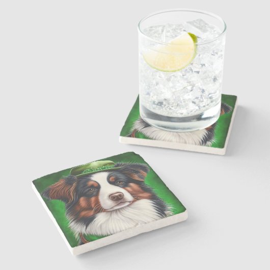 Australischer Schäferhund in St. Patrick's Day Dre Steinuntersetzer (Seitenansicht)