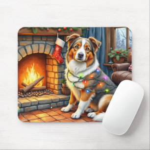 Australischer Schäferhund Kamin mit Weihnachtslich Mousepad