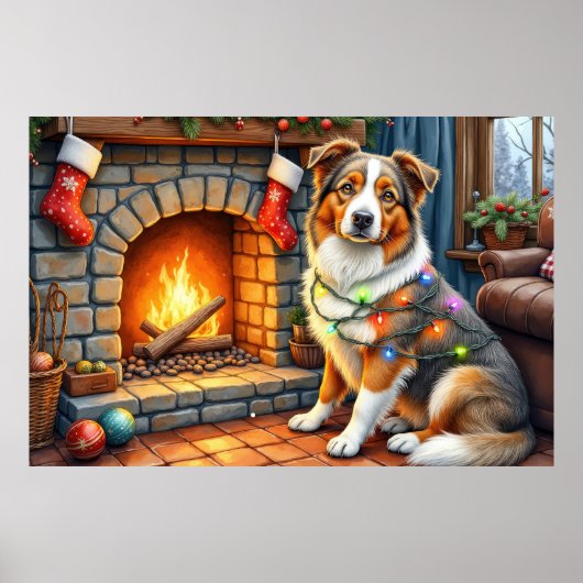 Australischer Schäferhund Kamin mit Weihnachtslich Poster (Vorne)