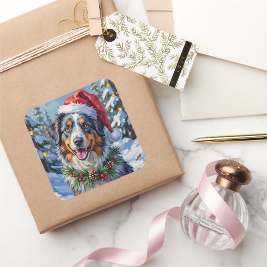 Australischer Schäferhund Merle Winter Weihnachtsk Quadratischer Aufkleber (Schenken)