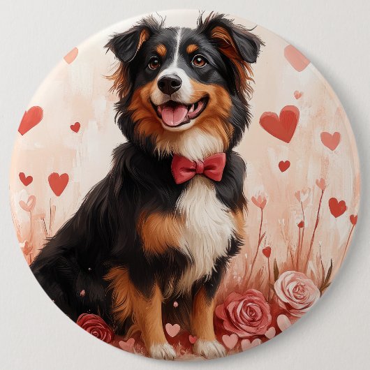 Australischer Schäferhund mit Rose - Valentinstag Button (Vorderseite)