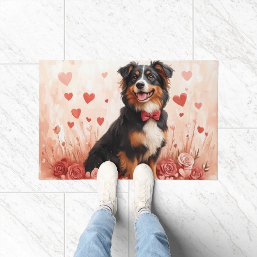 Australischer Schäferhund mit Rose - Valentinstag Fußmatte (Indoor)