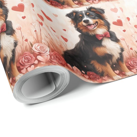 Australischer Schäferhund mit Rose - Valentinstag Geschenkpapier (Rolleneckpunkt)