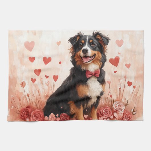 Australischer Schäferhund mit Rose - Valentinstag Geschirrtuch (Horizontal)