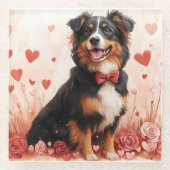 Australischer Schäferhund mit Rose - Valentinstag Glasuntersetzer (Vorderseite)