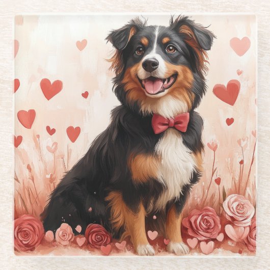 Australischer Schäferhund mit Rose - Valentinstag Glasuntersetzer (Vorderseite)
