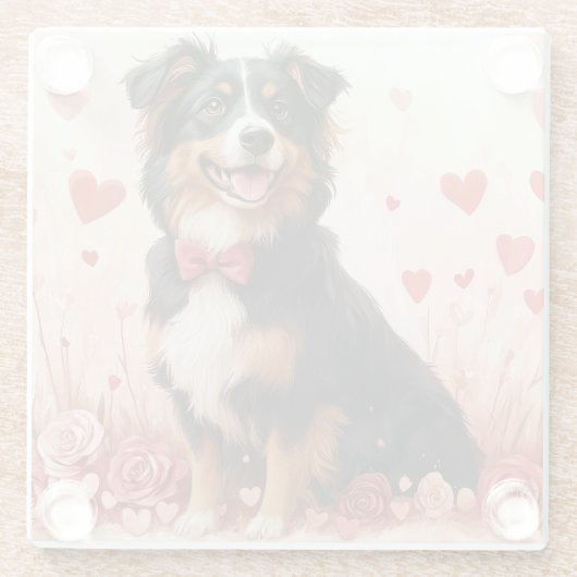 Australischer Schäferhund mit Rose - Valentinstag Glasuntersetzer (Rückseite)
